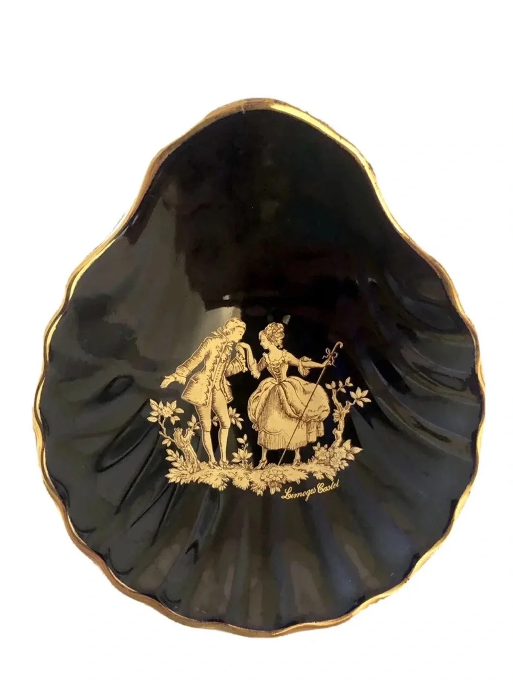 Limoges Castel France Dark Blue 22k Gold Trim Shell Dish Couple Motif